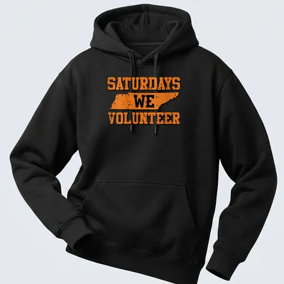 Distressed Tennessee outline with the text Saturdays We Volunteer in orange and black. — printed on a unisex hoodie