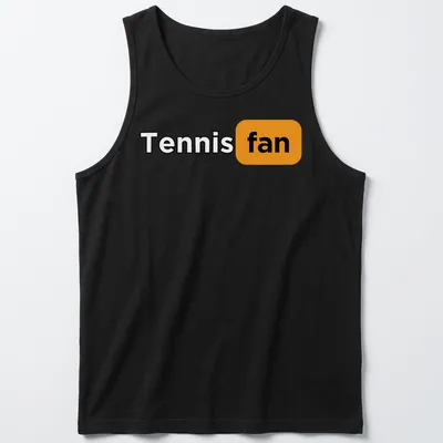 Bold typography Tennis Fan t-shirt in black, orange, and white. — printed on a tank top