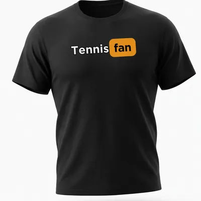 Bold typography Tennis Fan t-shirt in black, orange, and white.