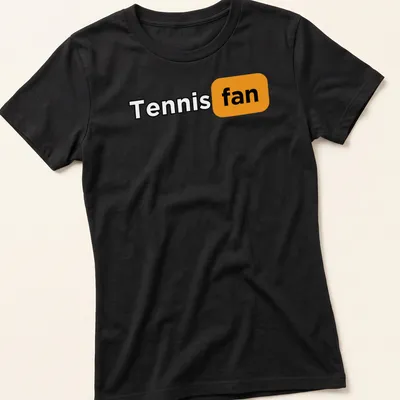 Bold typography Tennis Fan t-shirt in black, orange, and white. — printed on a women's shirt