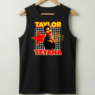 Retro Teyana Taylor t-shirt with bold typography in red, yellow, black, and white — printed on a tank top