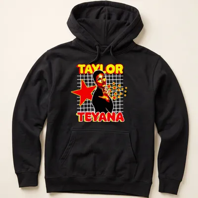 Retro Teyana Taylor t-shirt with bold typography in red, yellow, black, and white — printed on a unisex hoodie