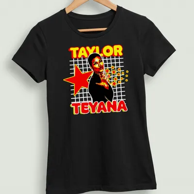 Retro Teyana Taylor t-shirt with bold typography in red, yellow, black, and white — printed on a women's shirt