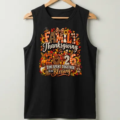Colorful Thanksgiving shirt featuring a turkey and heartfelt message about family time. — printed on a tank top