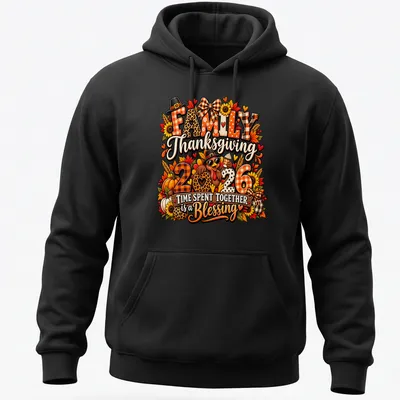 Colorful Thanksgiving shirt featuring a turkey and heartfelt message about family time. — printed on a unisex hoodie