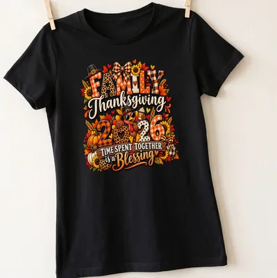 Colorful Thanksgiving shirt featuring a turkey and heartfelt message about family time. — printed on a women's shirt