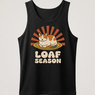 Humorous Thanksgiving Cat Loaf Season t-shirt with retro printed text and cartoon cat — printed on a tank top