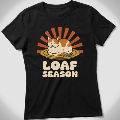 Humorous Thanksgiving Cat Loaf Season t-shirt with retro printed text and cartoon cat — printed on a women's shirt