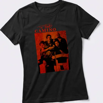 Modern graphic t-shirt featuring The Band CAMINO in red and black — printed on a women's shirt