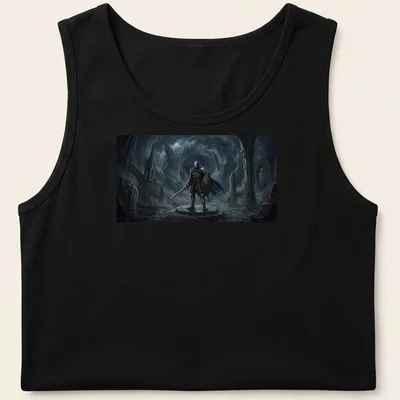 Dark Souls t-shirt featuring an armored knight and the text 'You Died' in fantasy dark art style — printed on a tank top