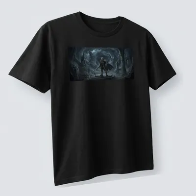 Dark Souls t-shirt featuring an armored knight and the text 'You Died' in fantasy dark art style — printed on a unisex t-shirt (angled view)