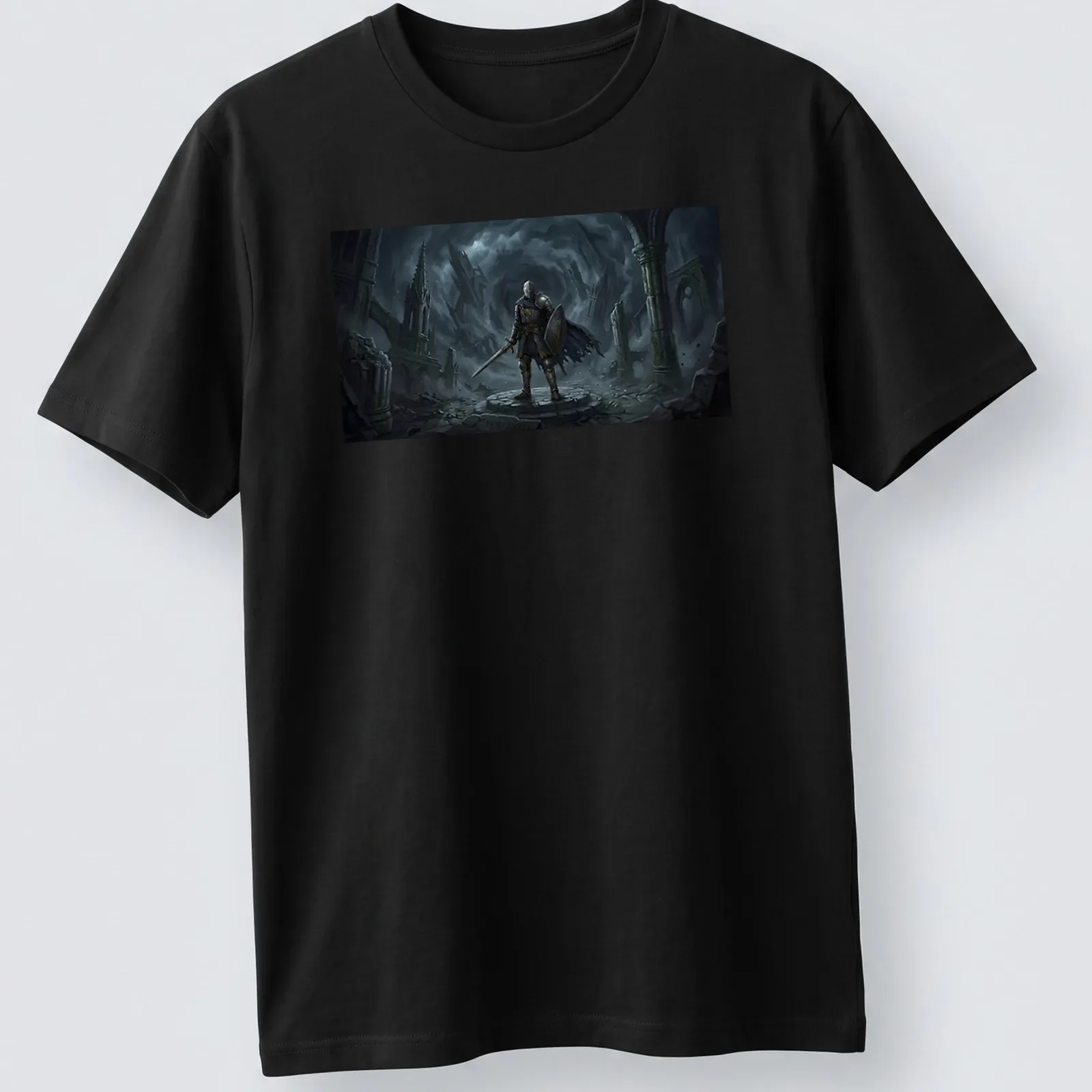 Dark Souls t-shirt featuring an armored knight and the text 'You Died' in fantasy dark art style — printed on a unisex t-shirt
