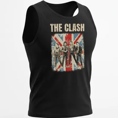 Distressed vintage t-shirt featuring The Clash band members in silhouette with bold text. — printed on a tank top