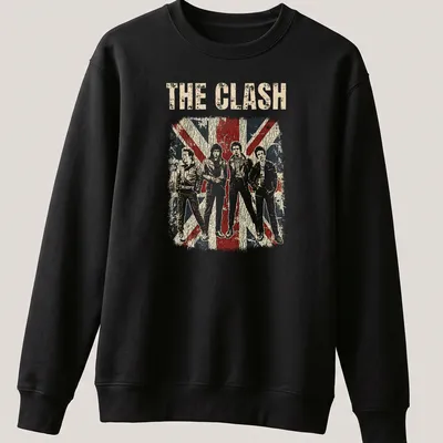 Distressed vintage t-shirt featuring The Clash band members in silhouette with bold text. — printed on a unisex sweatshirt
