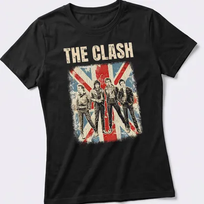 Distressed vintage t-shirt featuring The Clash band members in silhouette with bold text. — printed on a women's shirt