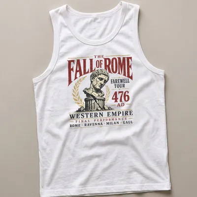Vintage distressed t-shirt with Roman bust and farewell tour text — printed on a tank top