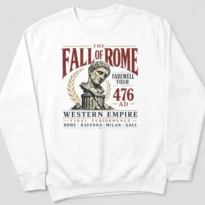 Vintage distressed t-shirt with Roman bust and farewell tour text — printed on a unisex sweatshirt