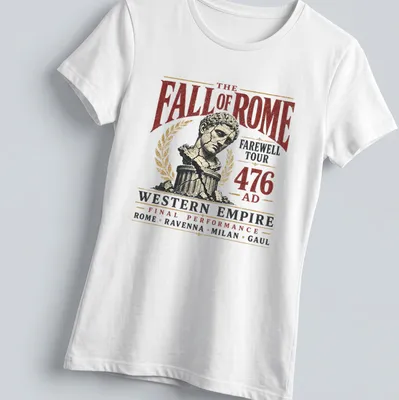 Vintage distressed t-shirt with Roman bust and farewell tour text — printed on a women's shirt