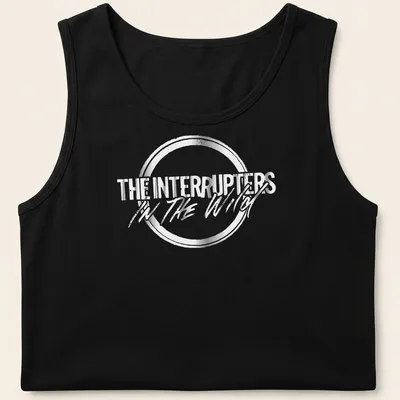 Metallic lettering of The Interrupters In The Wild shirt in silver and black — printed on a tank top