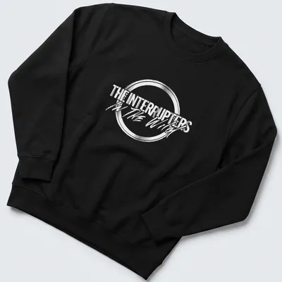 Metallic lettering of The Interrupters In The Wild shirt in silver and black — printed on a unisex sweatshirt