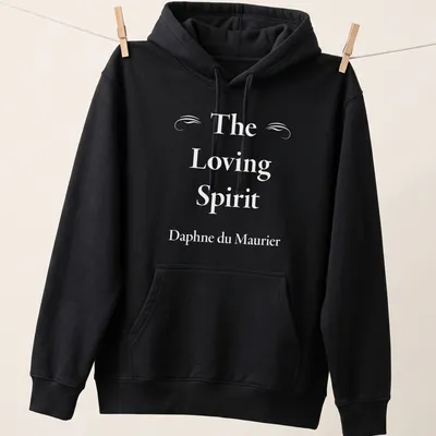 Elegant serif lettering of The Loving Spirit by Daphne du Maurier on a white — printed on a unisex hoodie
