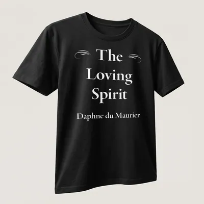 Elegant serif lettering of The Loving Spirit by Daphne du Maurier on a white — printed on a unisex t-shirt (angled view)