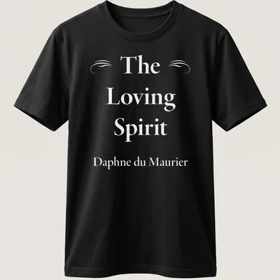 Elegant serif lettering of The Loving Spirit by Daphne du Maurier on a white t-shirt