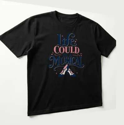 Vintage typography shirt featuring high-heeled shoes and musical quote — printed on a unisex t-shirt (angled view)