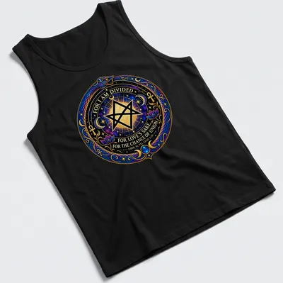 Intricate Thelemic symbol with snake and stars and detailed text — printed on a tank top
