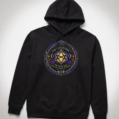 Intricate Thelemic symbol with snake and stars and detailed text — printed on a unisex hoodie