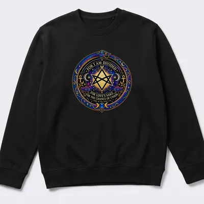 Intricate Thelemic symbol with snake and stars and detailed text — printed on a unisex sweatshirt