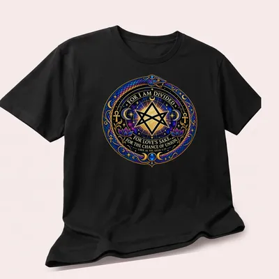 Intricate Thelemic symbol with snake and stars and detailed text — printed on a unisex t-shirt (angled view)