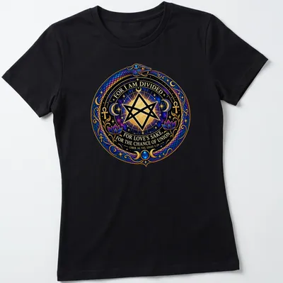 Intricate Thelemic symbol with snake and stars and detailed text — printed on a women's shirt