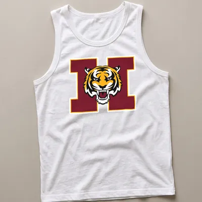 Bold graphic of a tiger mascot in orange, black, and maroon for Harrisburg High School — printed on a tank top