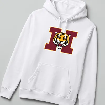 Bold graphic of a tiger mascot in orange, black, and maroon for Harrisburg High School — printed on a unisex hoodie