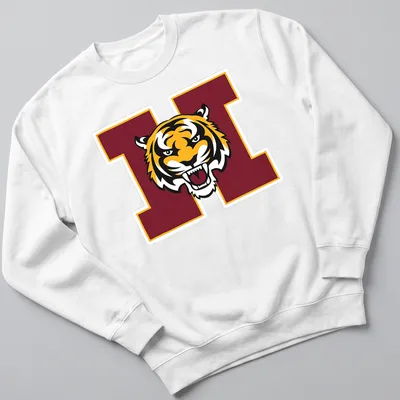 Bold graphic of a tiger mascot in orange, black, and maroon for Harrisburg High School — printed on a unisex sweatshirt