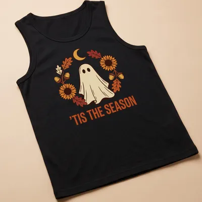 Illustrative T-shirt with a cute ghost and sunflower wreath in warm colors — printed on a tank top