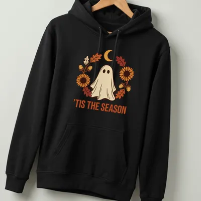 Illustrative T-shirt with a cute ghost and sunflower wreath in warm colors — printed on a unisex hoodie
