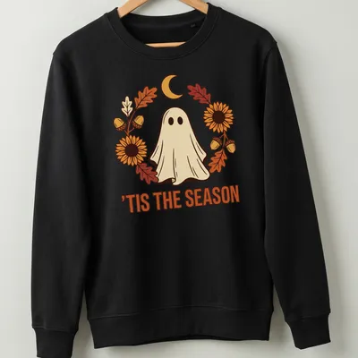 Illustrative T-shirt with a cute ghost and sunflower wreath in warm colors — printed on a unisex sweatshirt
