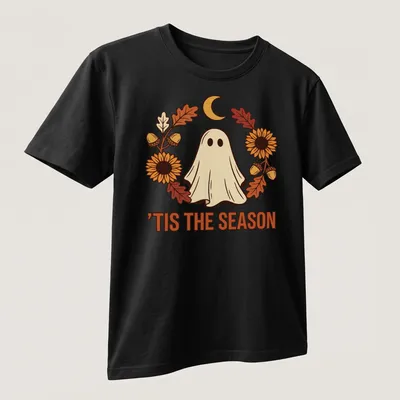 Illustrative T-shirt with a cute ghost and sunflower wreath in warm colors — printed on a unisex t-shirt (angled view)
