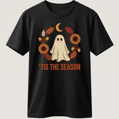 Illustrative T-shirt with a cute ghost and sunflower wreath in warm colors