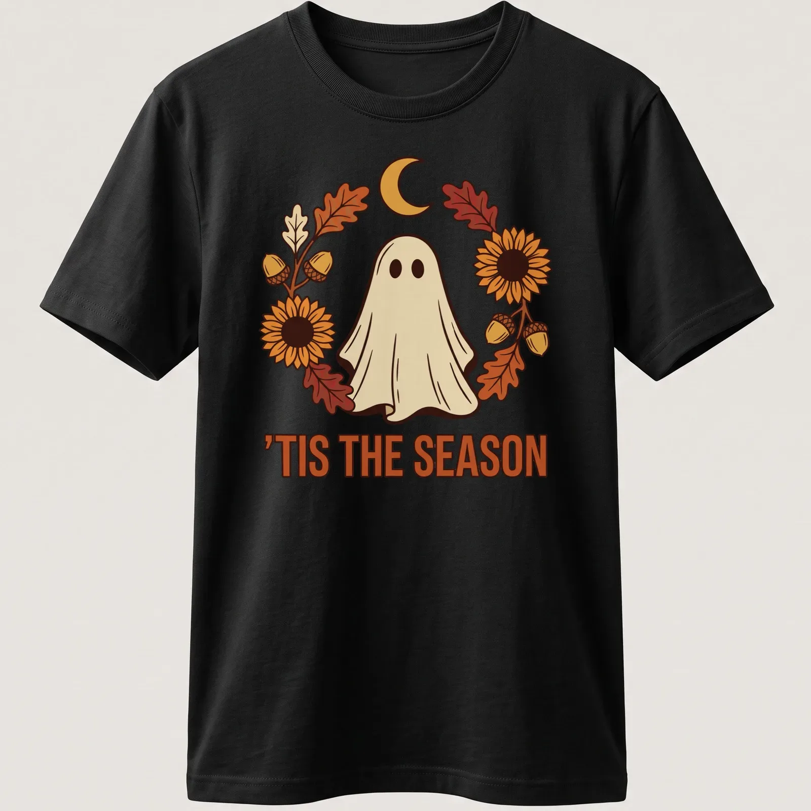 Illustrative T-shirt with a cute ghost and sunflower wreath in warm colors — printed on a unisex t-shirt