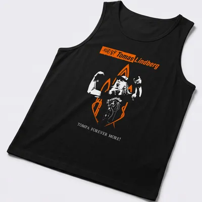 Bold typography T-shirt featuring Tomas Lindberg Forever text in orange and white — printed on a tank top