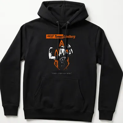 Bold typography T-shirt featuring Tomas Lindberg Forever text in orange and white — printed on a unisex hoodie