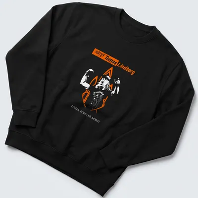 Bold typography T-shirt featuring Tomas Lindberg Forever text in orange and white — printed on a unisex sweatshirt