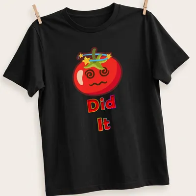 Kawaii cartoon tomato with the text 'Did It' in playful font
