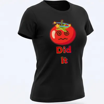 Kawaii cartoon tomato with the text 'Did It' in playful font — printed on a women's shirt