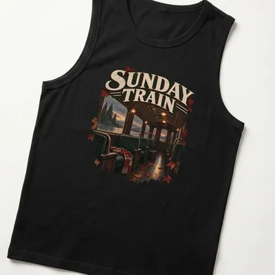 Realistic print of a train interior with autumn leaves, featuring rich colors — printed on a tank top