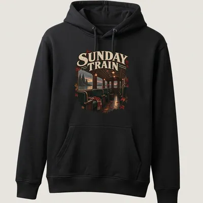 Realistic print of a train interior with autumn leaves, featuring rich colors — printed on a unisex hoodie