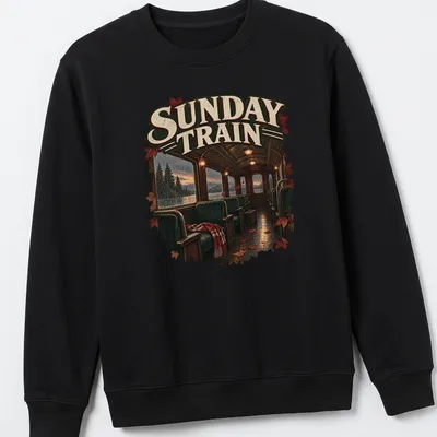 Realistic print of a train interior with autumn leaves, featuring rich colors — printed on a unisex sweatshirt